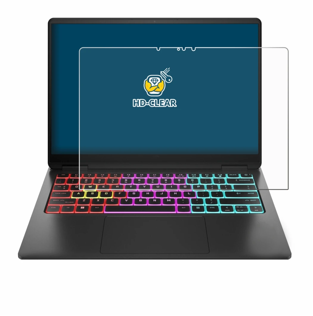 Immagine del dispositivo HP Omen Transcend 14 con un'ampia varietà di protezioni per lo schermo.
