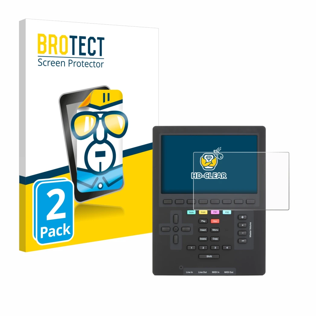 Parte frontale di una confezione del prodotto con il logo del marchio BROTECT. Accanto è raffigurato il dispositivo Polyend Tr