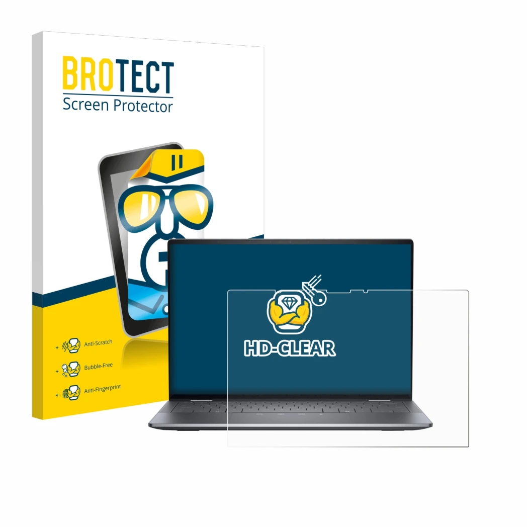 Parte frontale di una confezione del prodotto con il logo del marchio BROTECT. Accanto è raffigurato il dispositivo Dell Latit