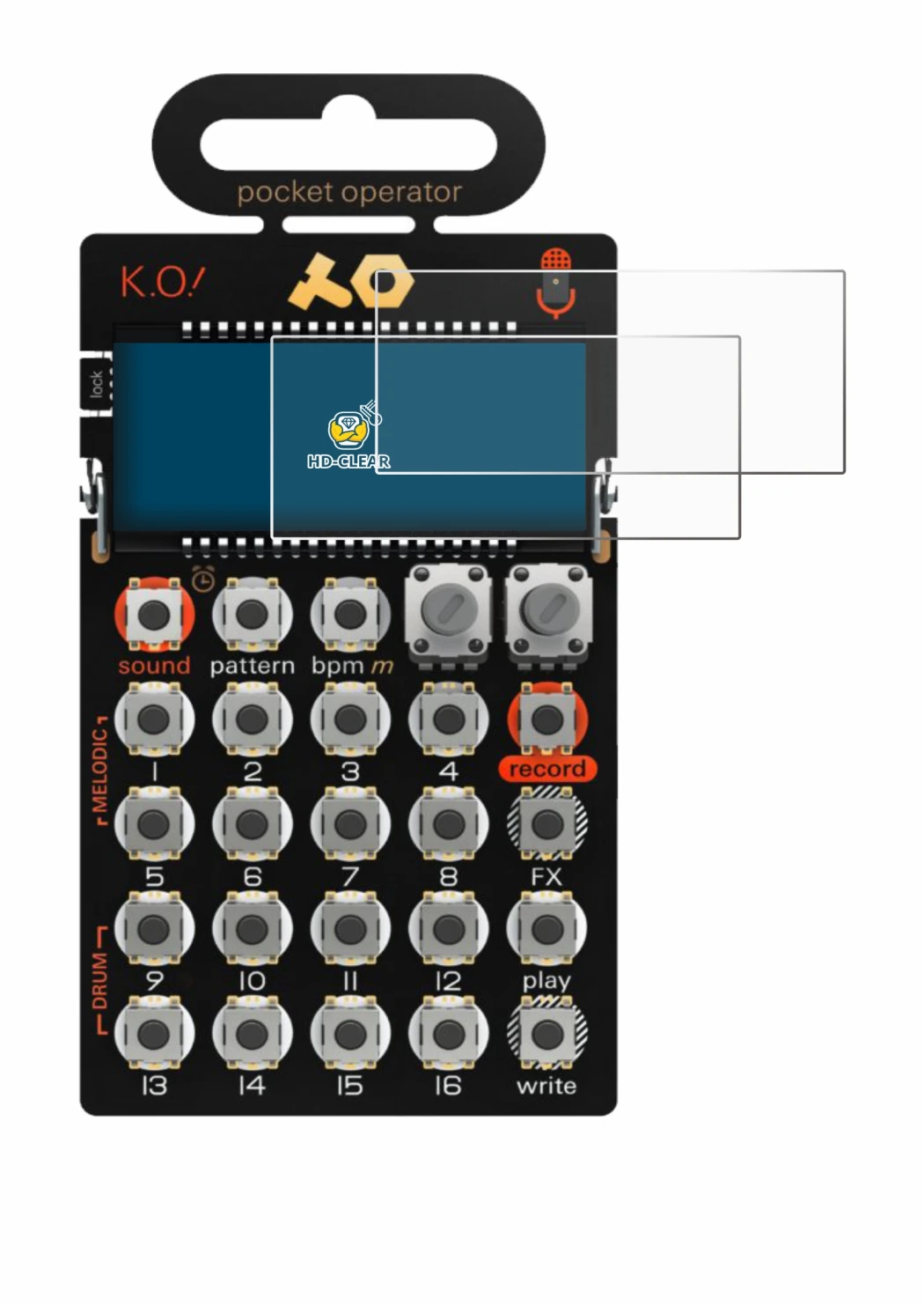 Immagine del dispositivo Teenage Engineering PO-33 K.O! con un'ampia varietà di protezioni per lo schermo.