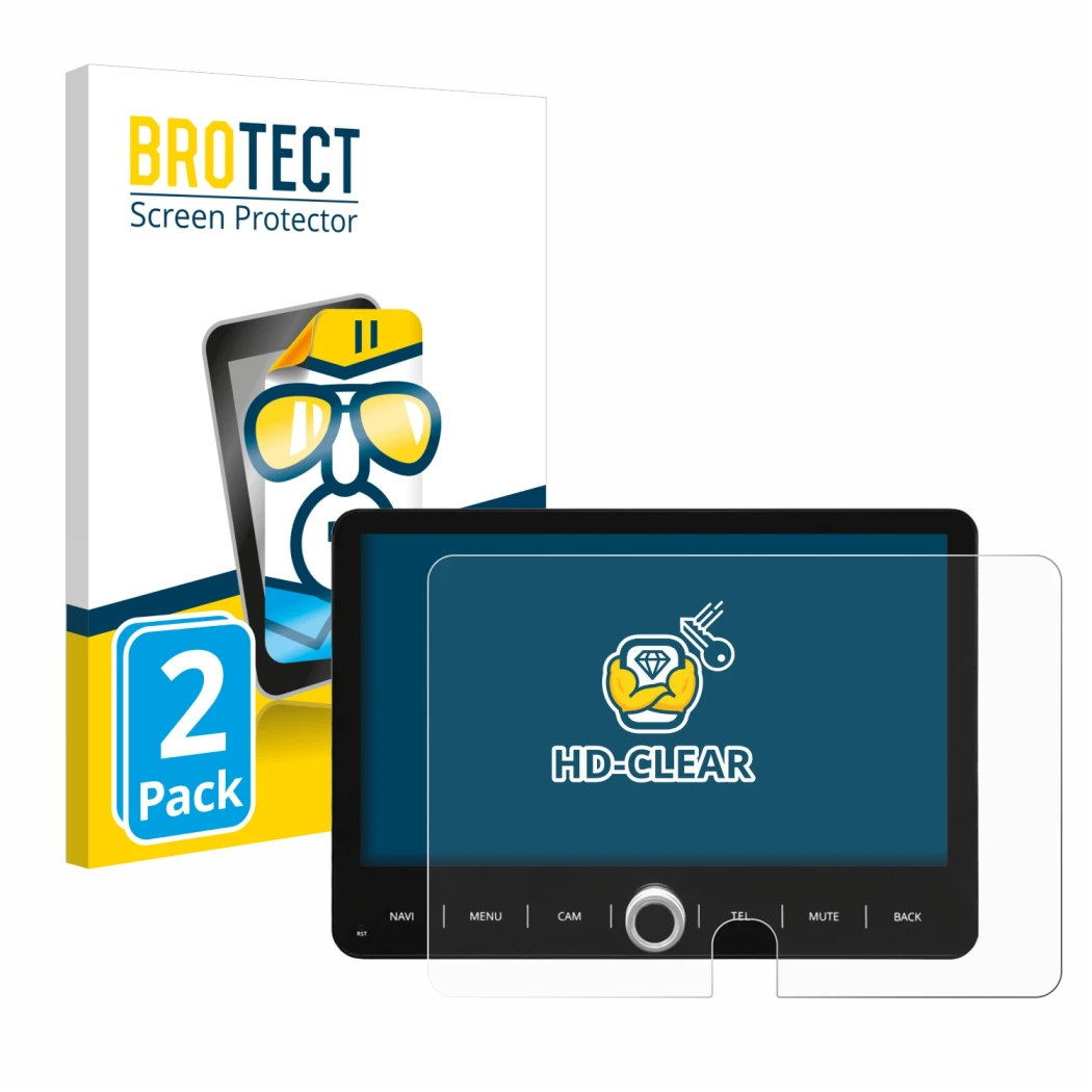 Parte frontale di una confezione del prodotto con il logo del marchio BROTECT. Accanto è raffigurato il dispositivo Dynavin D9