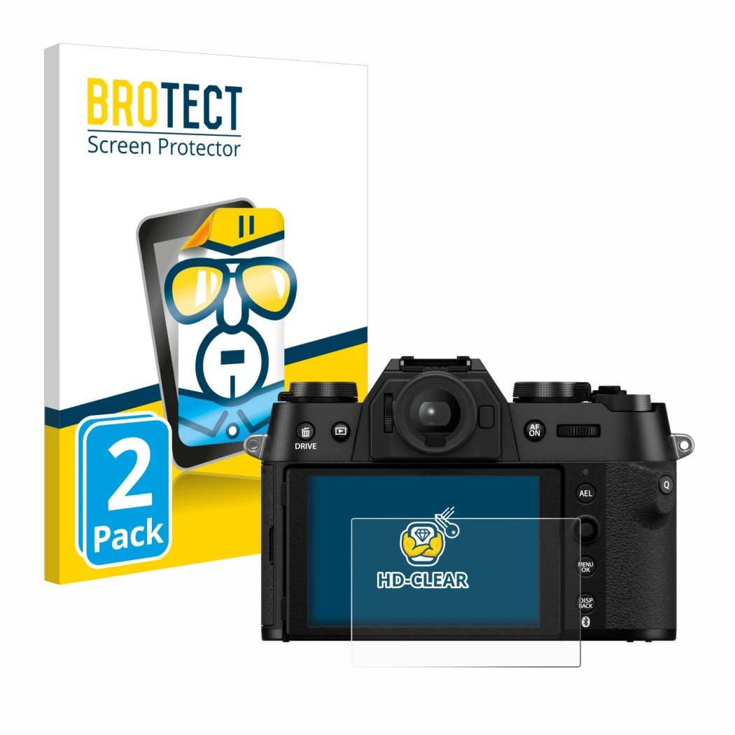 Parte frontale di una confezione del prodotto con il logo del marchio BROTECT. Accanto è raffigurato il dispositivo Fujifilm X