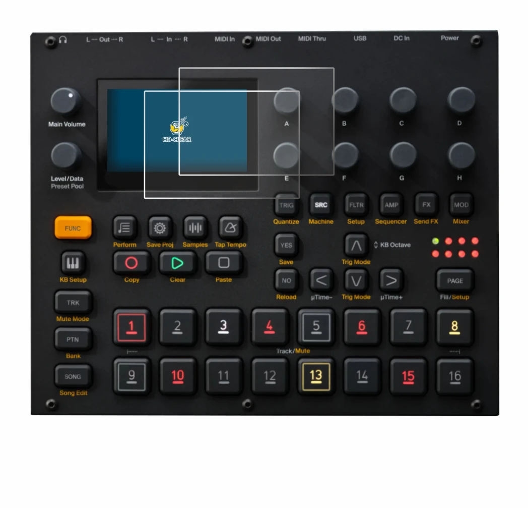Immagine del dispositivo Elektron Digitakt II con un'ampia varietà di protezioni per lo schermo.