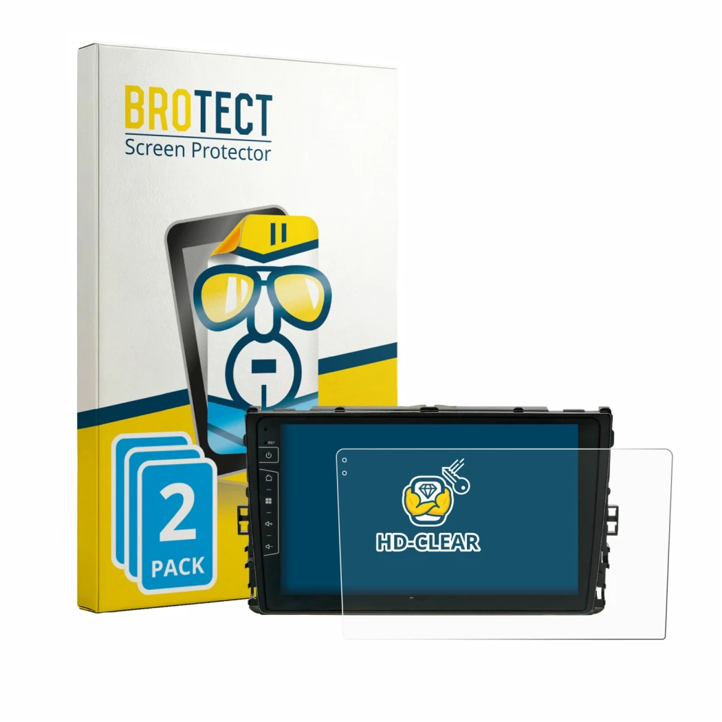 Parte frontale di una confezione del prodotto con il logo del marchio BROTECT. Accanto è raffigurato il dispositivo Dynavin D9