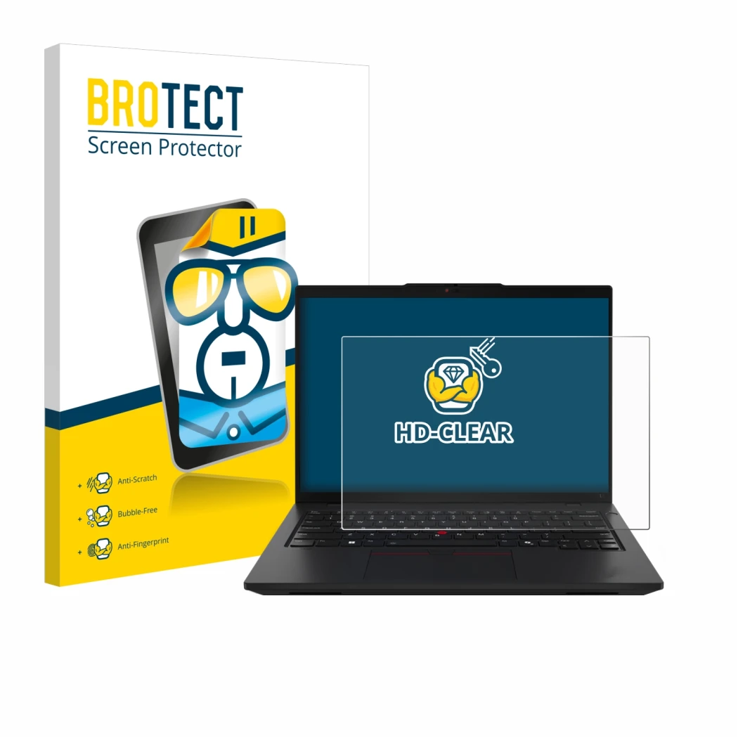 Parte frontale di una confezione del prodotto con il logo del marchio BROTECT. Accanto è raffigurato il dispositivo Lenovo Thi