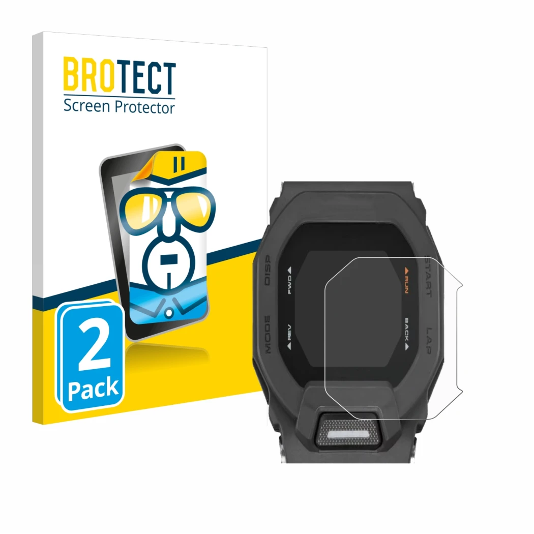 Parte frontale di una confezione del prodotto con il logo del marchio BROTECT. Accanto è raffigurato il dispositivo Casio G-Sh