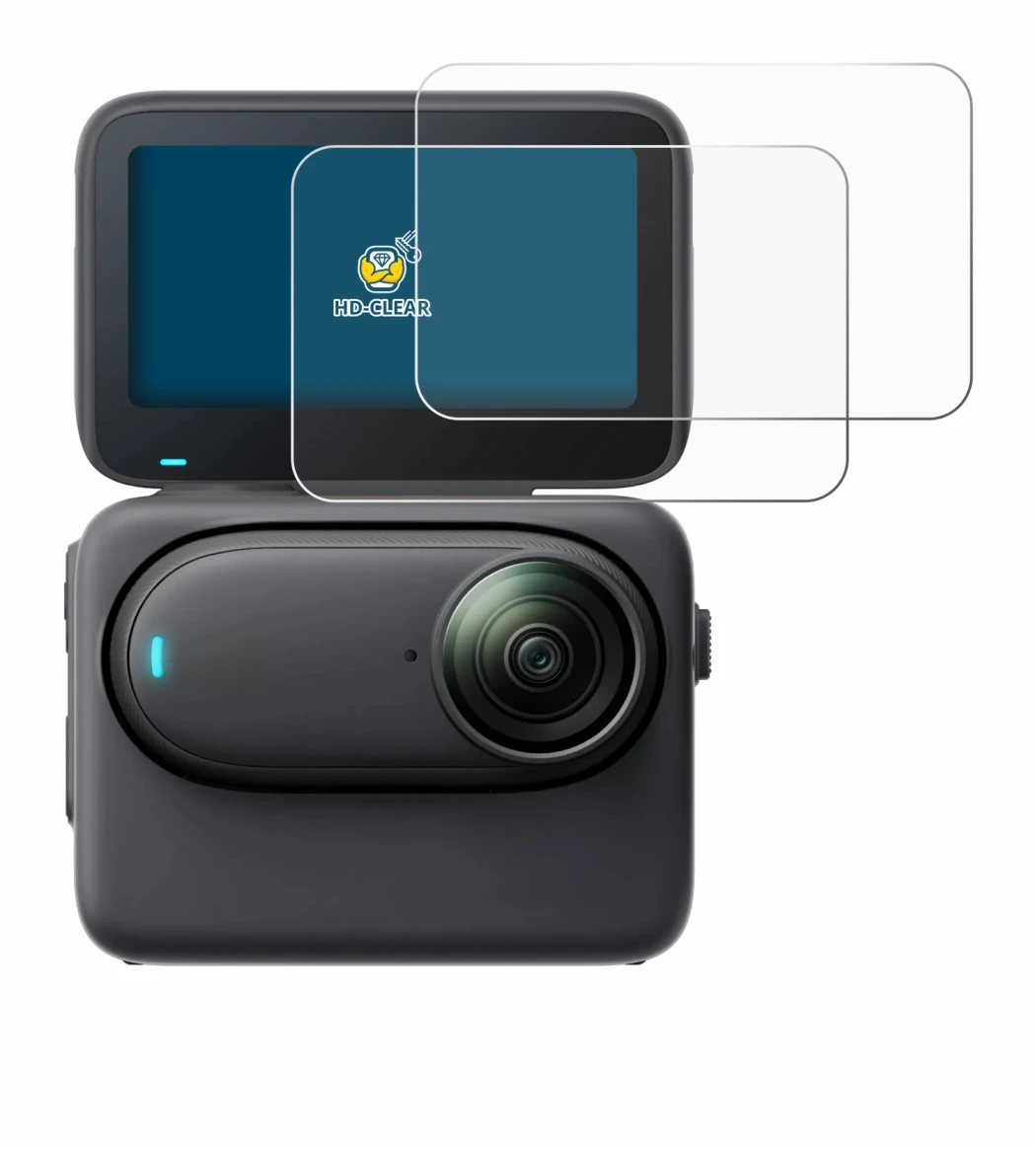 Immagine del dispositivo Insta360 Go 3S con un'ampia varietà di protezioni per lo schermo.