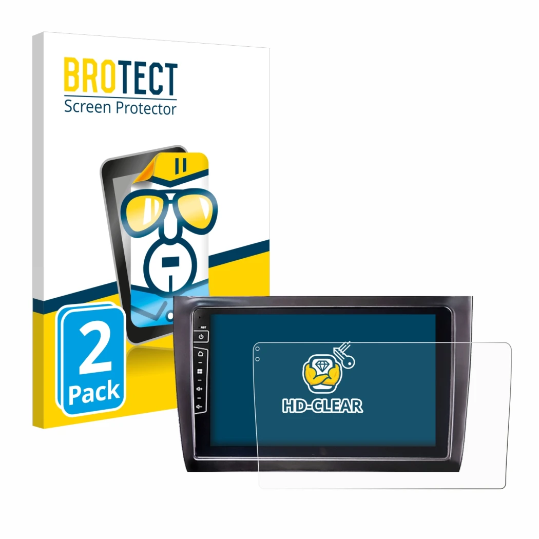 Parte frontale di una confezione del prodotto con il logo del marchio BROTECT. Accanto è raffigurato il dispositivo Dynavin D9