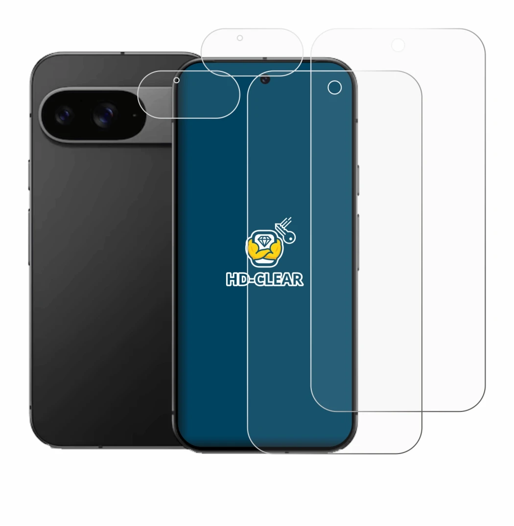 Immagine del dispositivo Google Pixel 9 (Fronte+Fotocamera) con un'ampia varietà di protezioni per lo schermo.