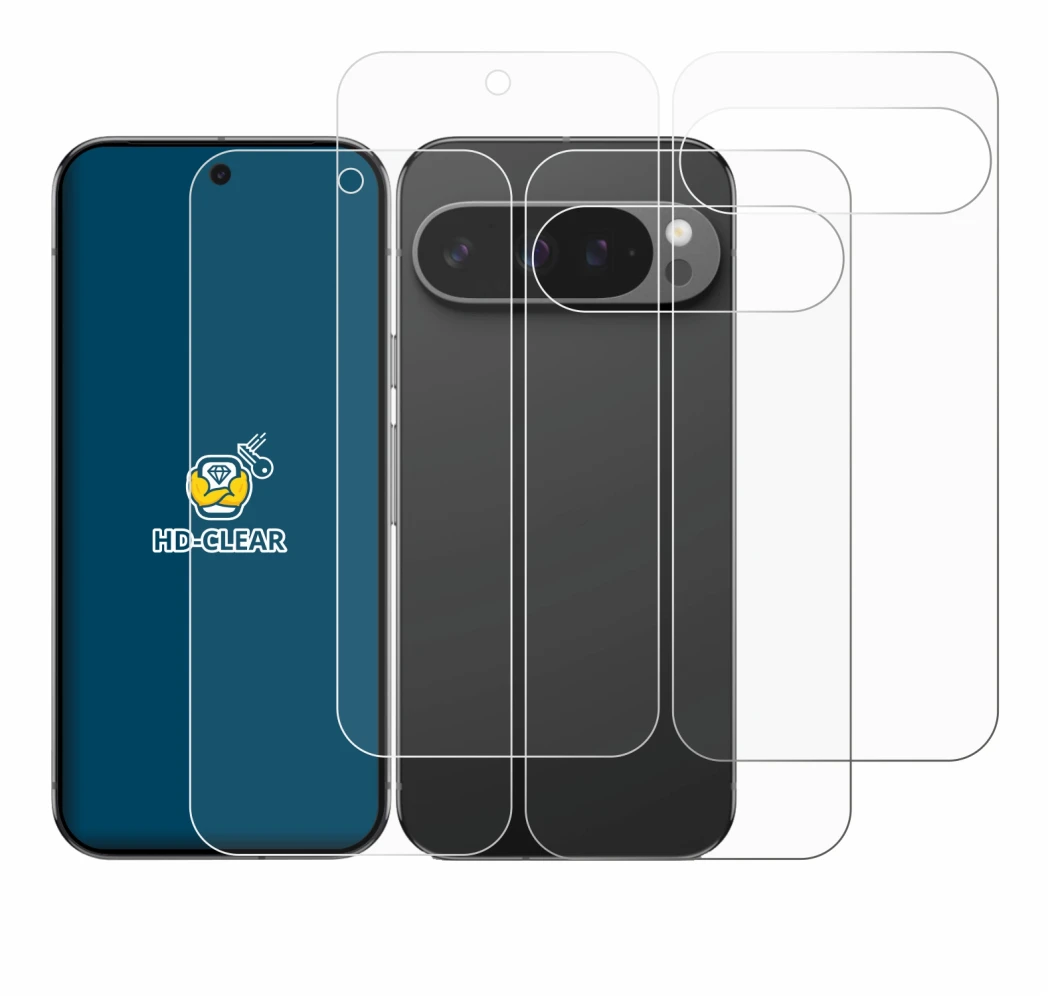 Immagine del dispositivo Google Pixel 9 Pro (Fronte+Retro) con un'ampia varietà di protezioni per lo schermo.