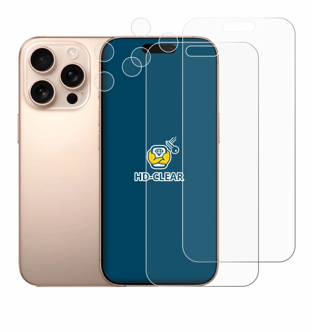 Immagine del dispositivo Apple iPhone 16 Pro Max (Fronte+Fotocamera) con un'ampia varietà di protezioni per lo schermo.