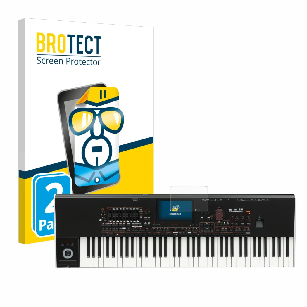 Parte frontale di una confezione del prodotto con il logo del marchio BROTECT. Accanto è raffigurato il dispositivo KORG Pa4x