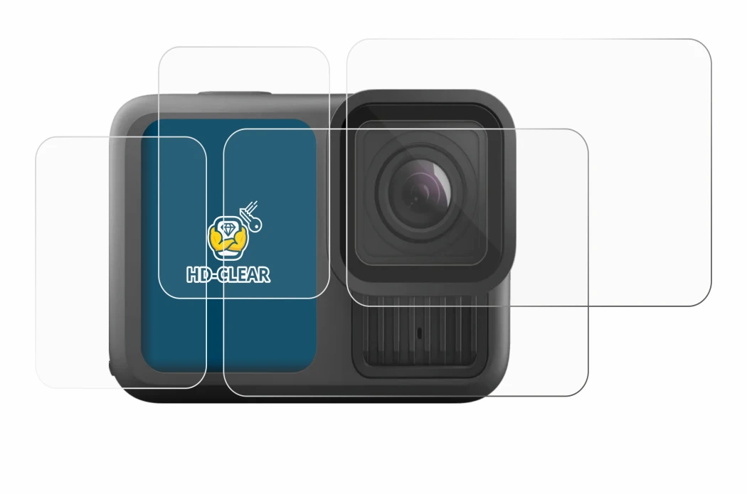 Immagine del dispositivo GoPro Hero 13 Black con un'ampia varietà di protezioni per lo schermo.