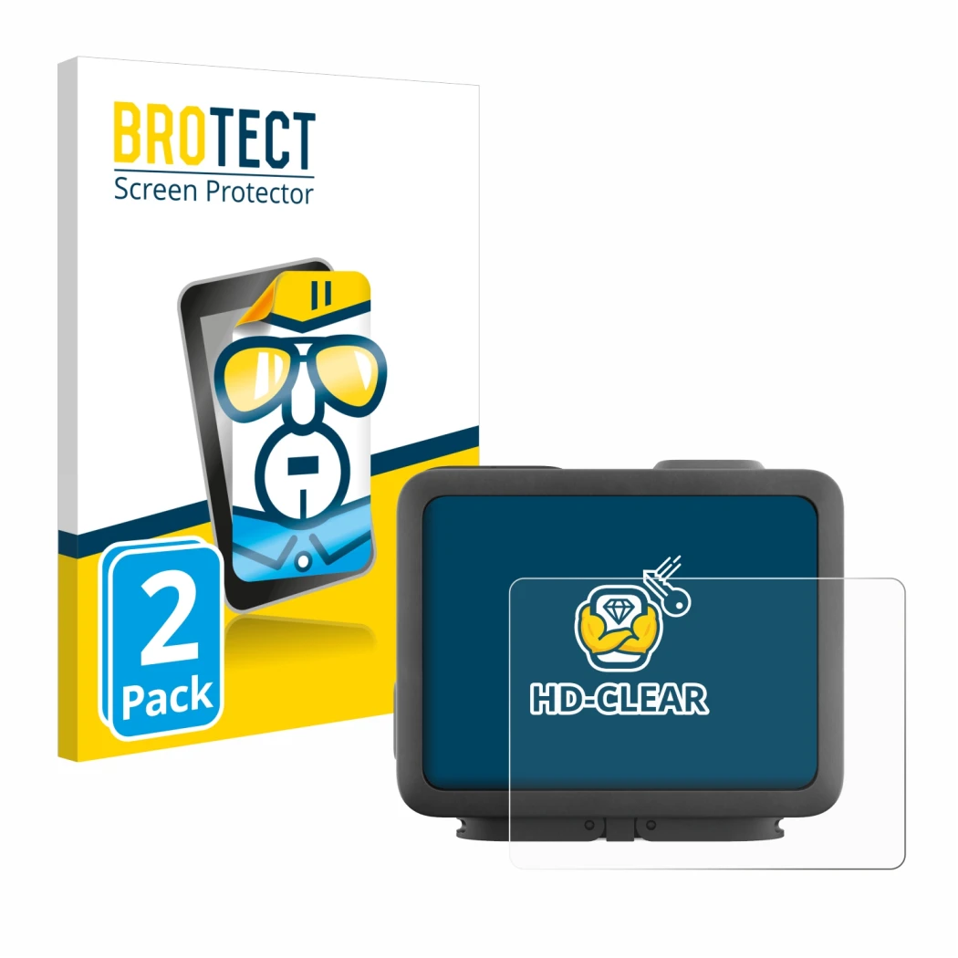 Parte frontale di una confezione del prodotto con il logo del marchio BROTECT. Accanto è raffigurato il dispositivo GoPro Hero