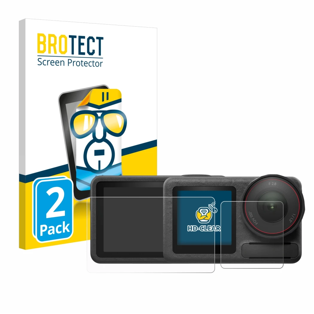 Parte frontale di una confezione del prodotto con il logo del marchio BROTECT. Accanto è raffigurato il dispositivo DJI Osmo A