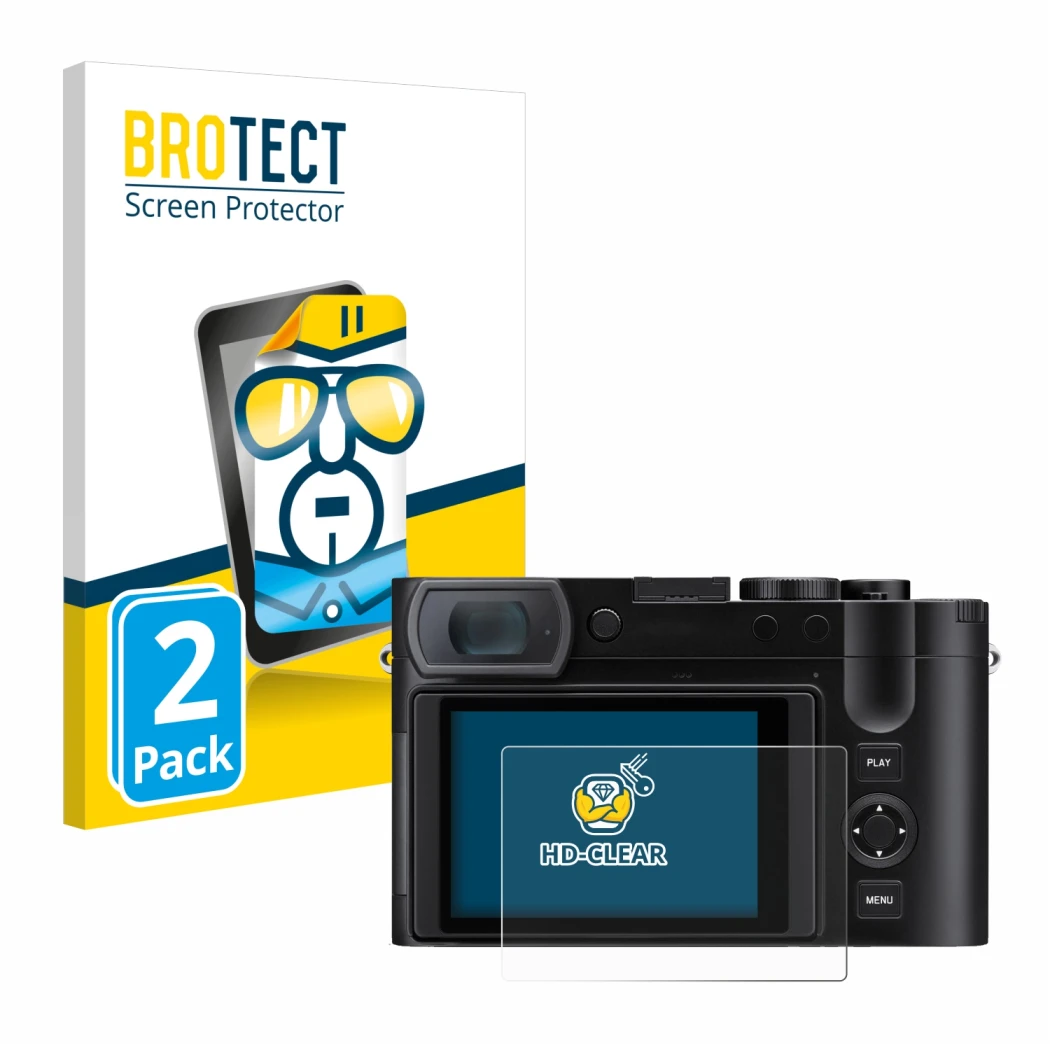 Parte frontale di una confezione del prodotto con il logo del marchio BROTECT. Accanto è raffigurato il dispositivo Leica Q3 4
