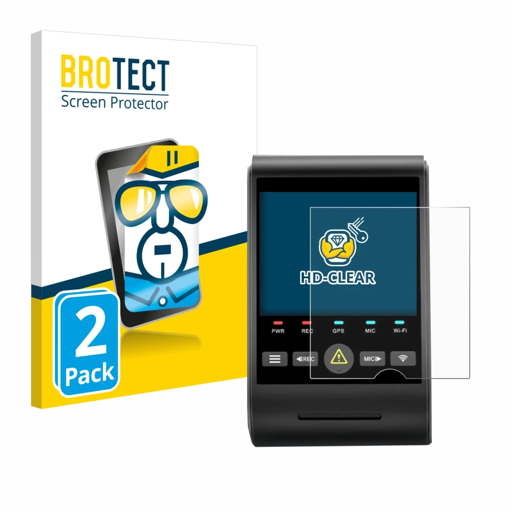 Parte frontale di una confezione del prodotto con il logo del marchio BROTECT. Accanto è raffigurato il dispositivo VIOFO A229