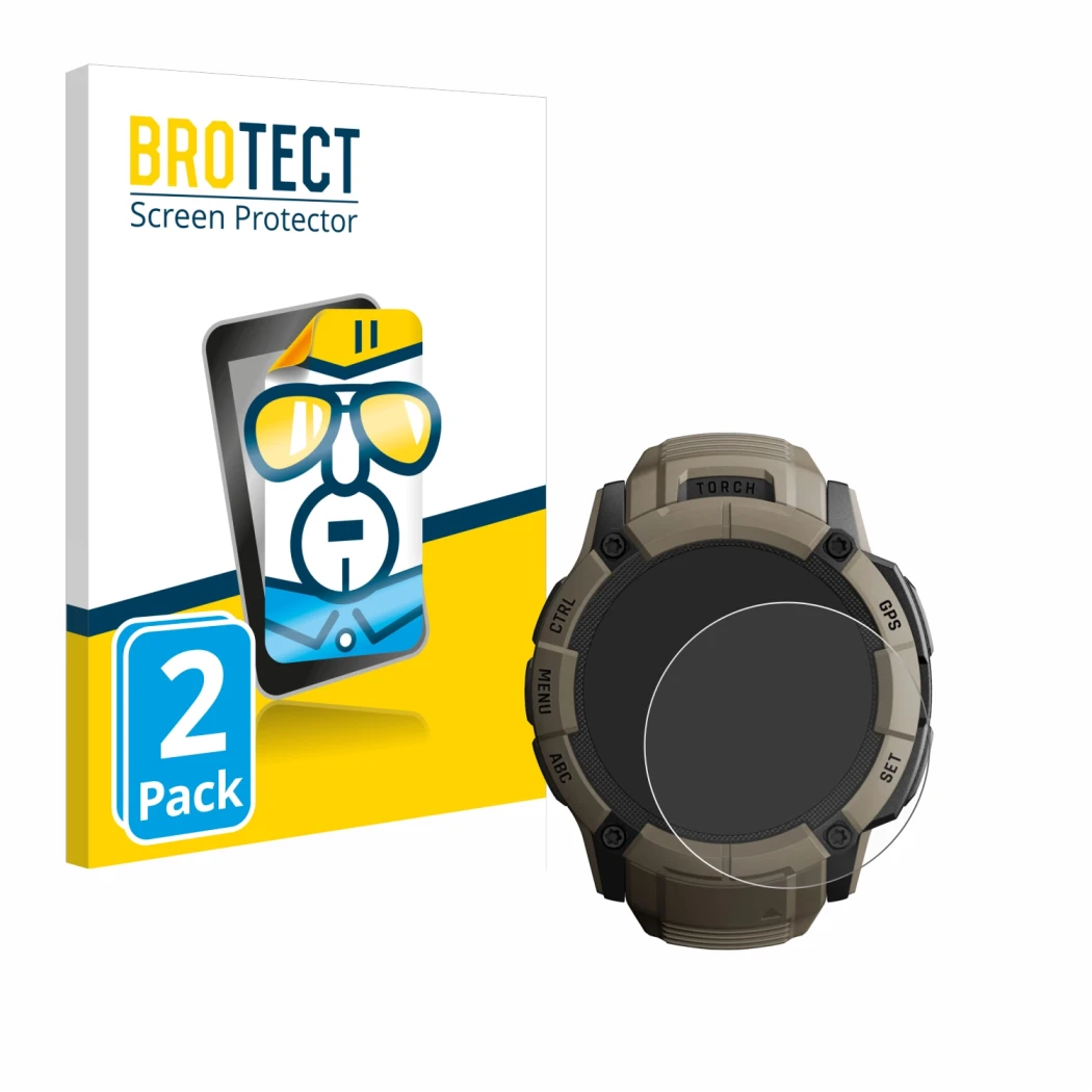 Parte frontale di una confezione del prodotto con il logo del marchio BROTECT. Accanto è raffigurato il dispositivo Garmin Ins