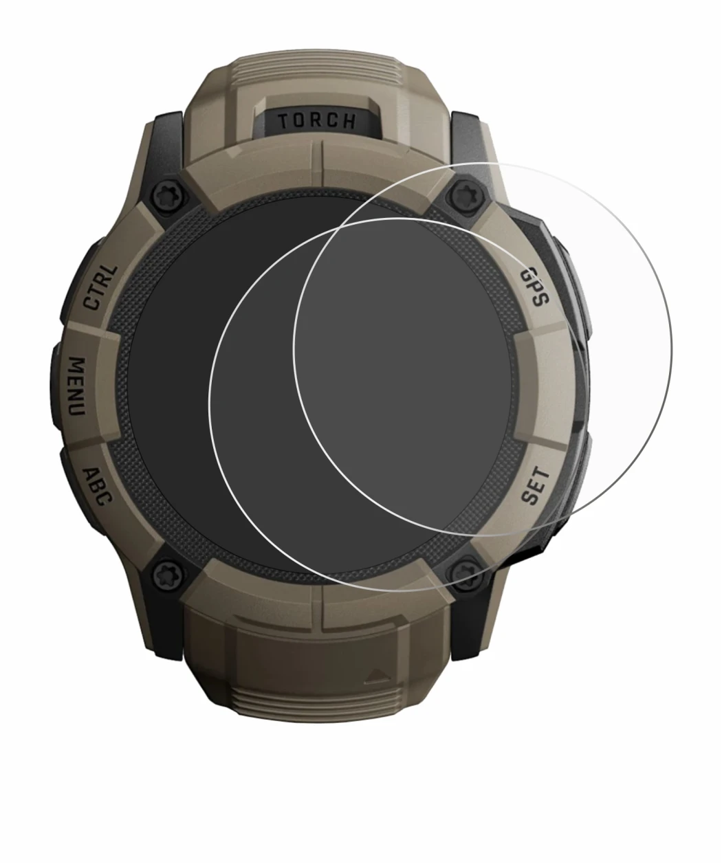Immagine del dispositivo Garmin Instinct 2X Solar Tactical Edition con un'ampia varietà di protezioni per lo schermo.