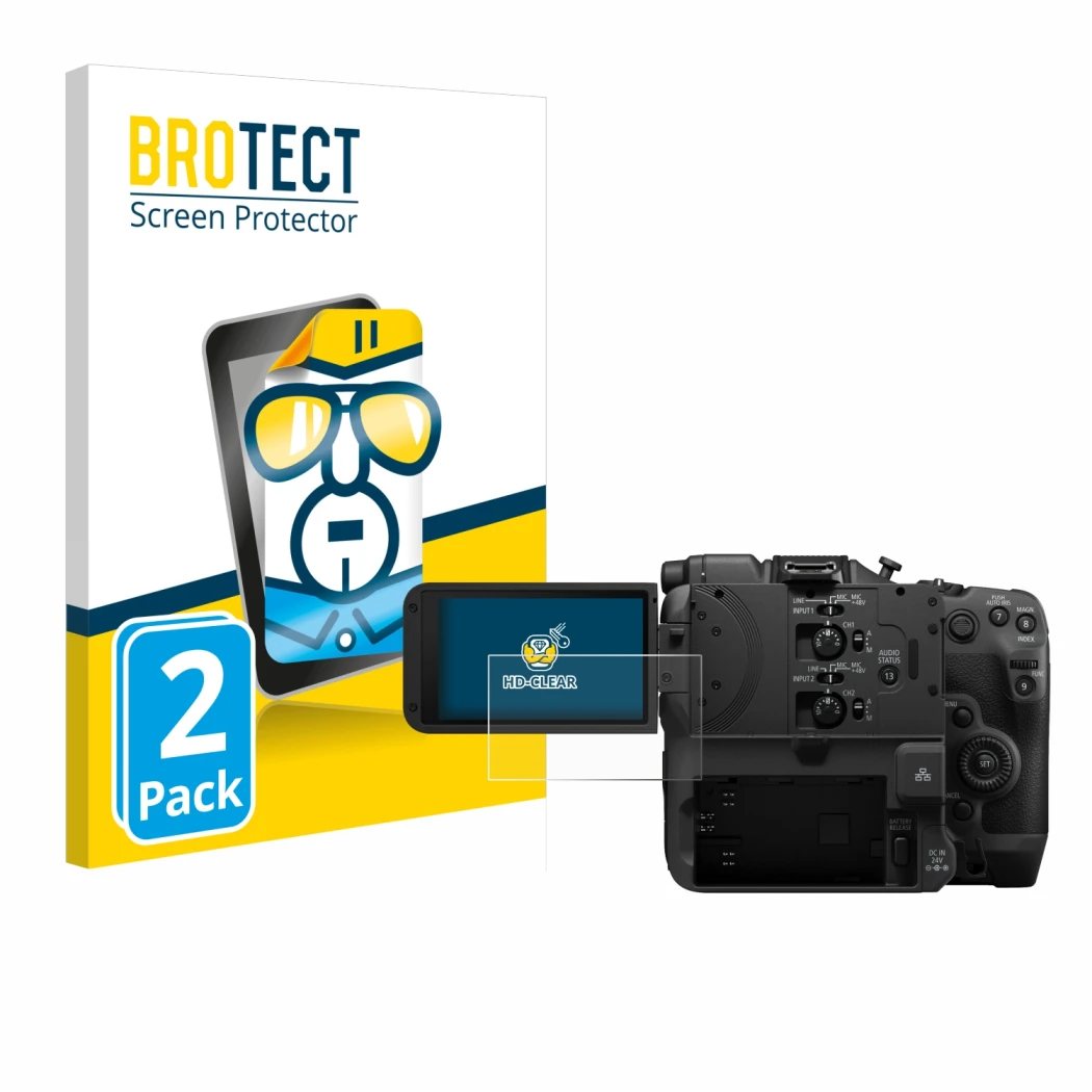 Parte frontale di una confezione del prodotto con il logo del marchio BROTECT. Accanto è raffigurato il dispositivo Canon EOS