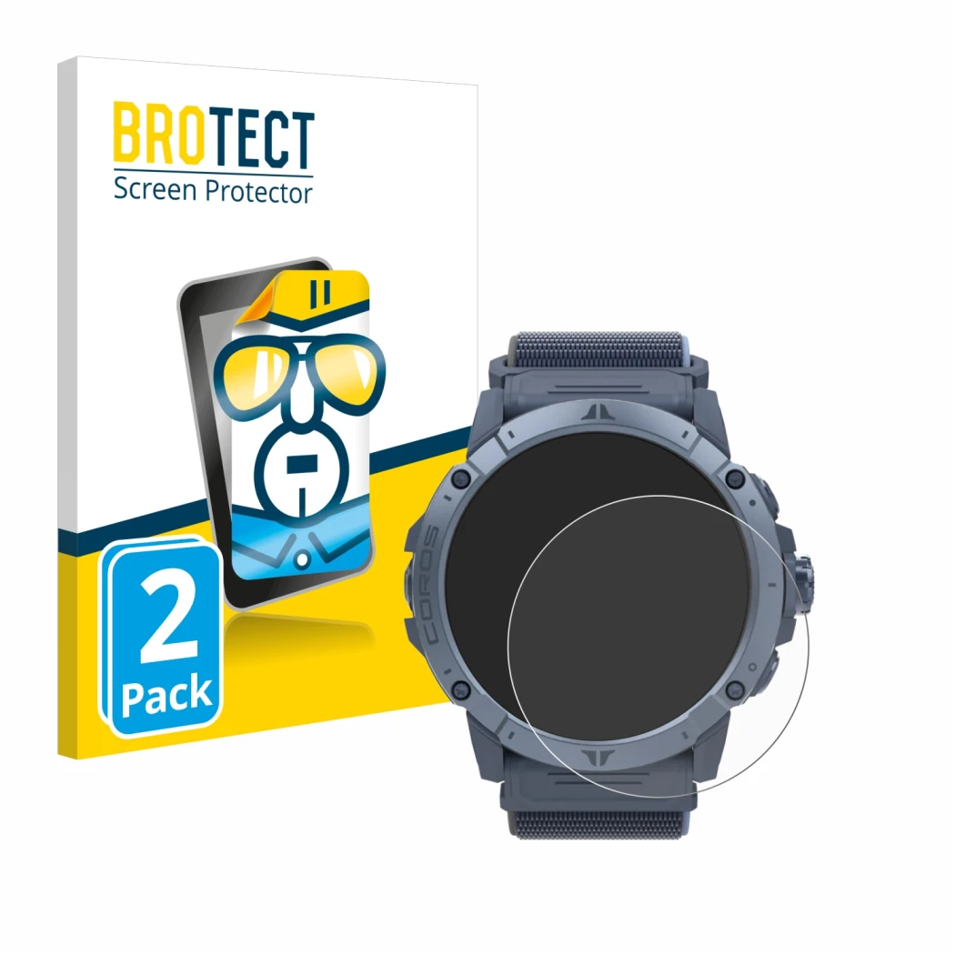 Parte frontale di una confezione del prodotto con il logo del marchio BROTECT. Accanto è raffigurato il dispositivo Coros Vert