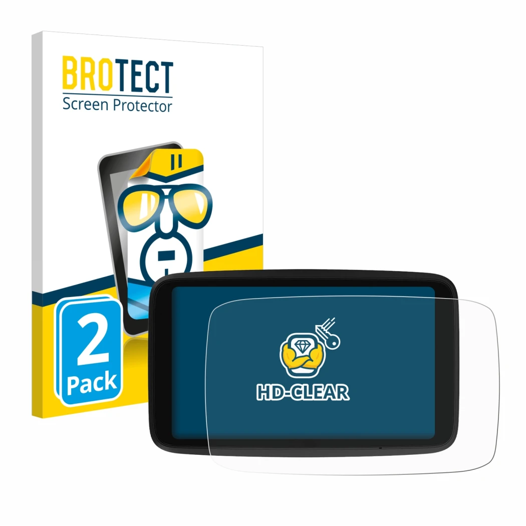 Parte frontale di una confezione del prodotto con il logo del marchio BROTECT. Accanto è raffigurato il dispositivo TomTom GO