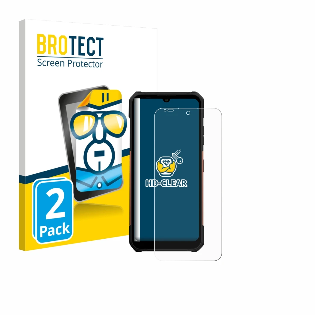 Parte frontale di una confezione del prodotto con il logo del marchio BROTECT. Accanto è raffigurato il dispositivo myPhone Ha