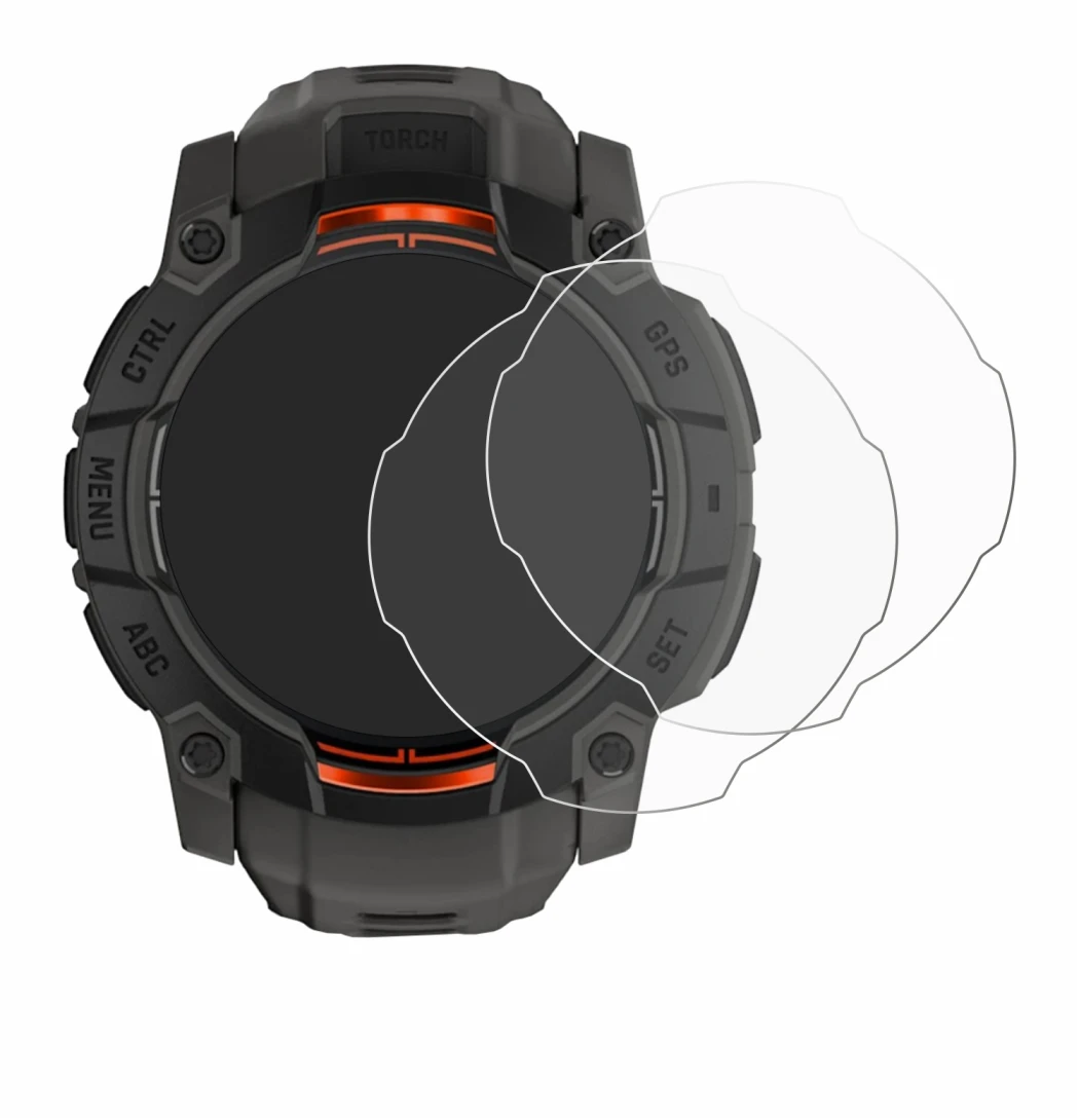 Immagine del dispositivo Garmin Instinct 3 Solar (50 mm) con un'ampia varietà di protezioni per lo schermo.