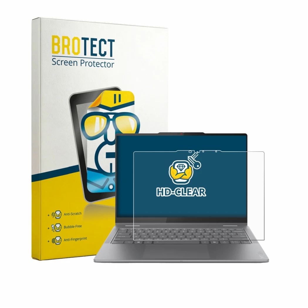 Parte frontale di una confezione del prodotto con il logo del marchio BROTECT. Accanto è raffigurato il dispositivo Lenovo Yog