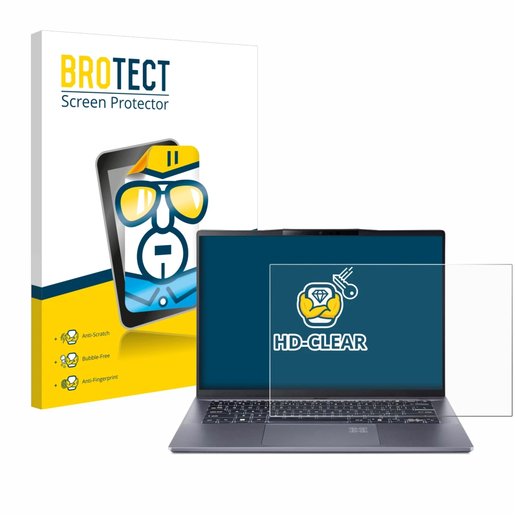 Parte frontale di una confezione del prodotto con il logo del marchio BROTECT. Accanto è raffigurato il dispositivo Acer Swift