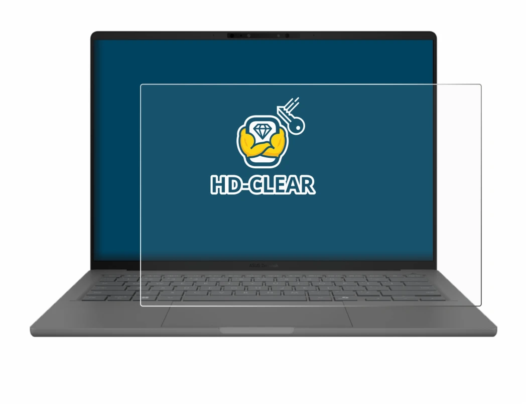 Immagine del dispositivo ASUS ZenBook A14 UX3407 con un'ampia varietà di protezioni per lo schermo.