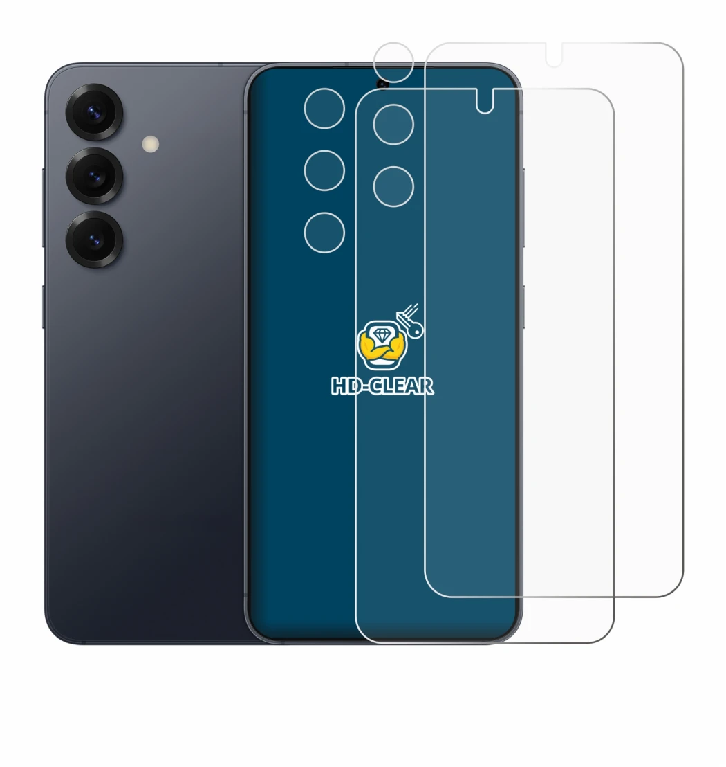 Immagine del dispositivo Samsung Galaxy S25 (Fronte+Fotocamera) con un'ampia varietà di protezioni per lo schermo.