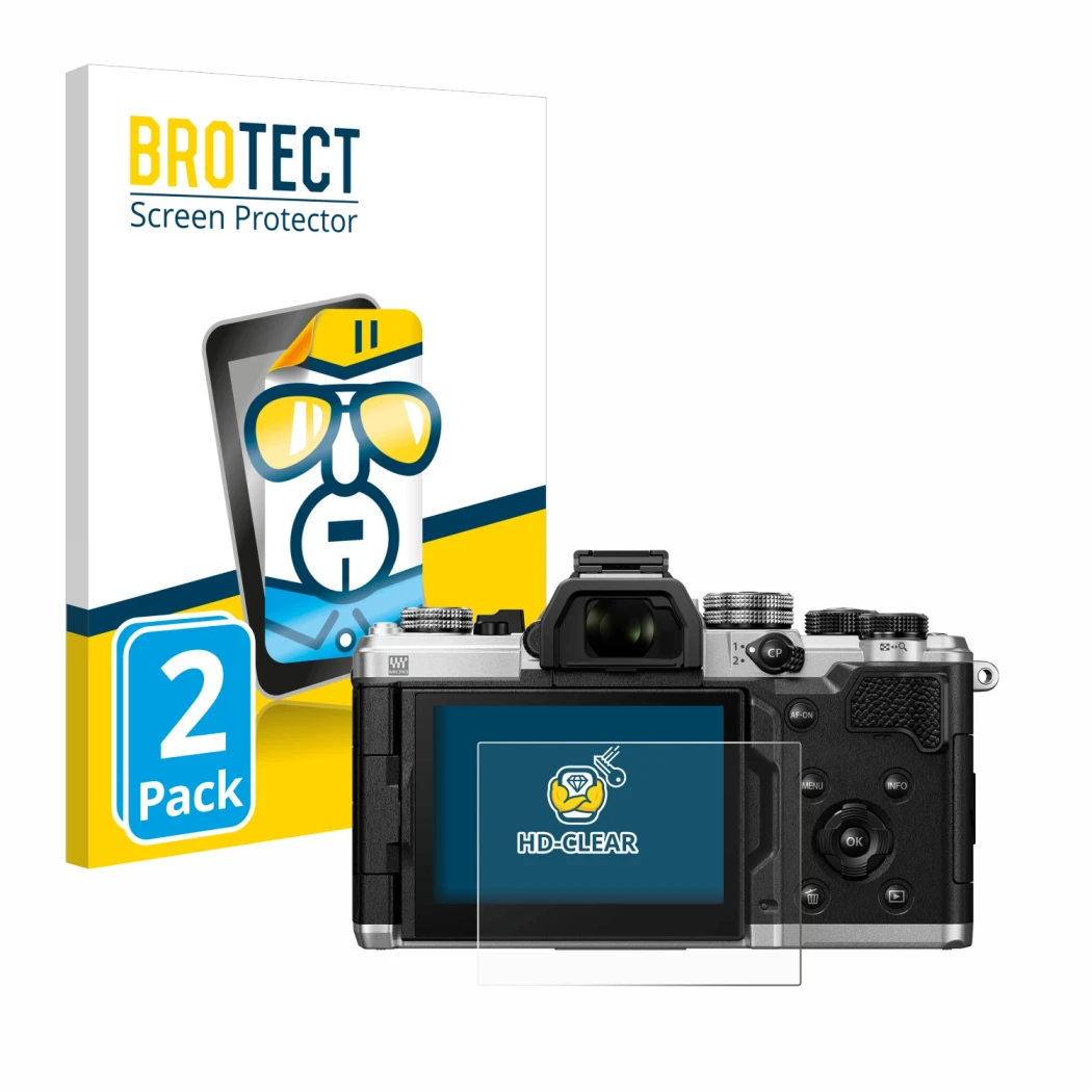 Parte frontale di una confezione del prodotto con il logo del marchio BROTECT. Accanto è raffigurato il dispositivo OM System