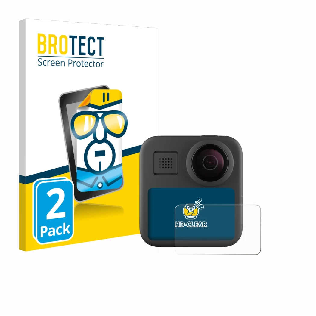 Parte frontale di una confezione del prodotto con il logo del marchio BROTECT. Accanto è raffigurato il dispositivo GoPro Max