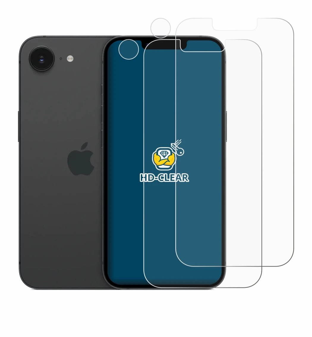 Immagine del dispositivo Apple iPhone 16e (Fronte+Fotocamera) con un'ampia varietà di protezioni per lo schermo.