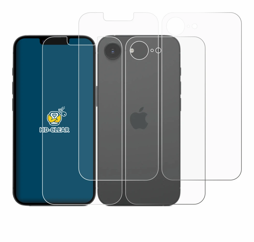 Immagine del dispositivo Apple iPhone 16e (Fronte+Retro) con un'ampia varietà di protezioni per lo schermo.