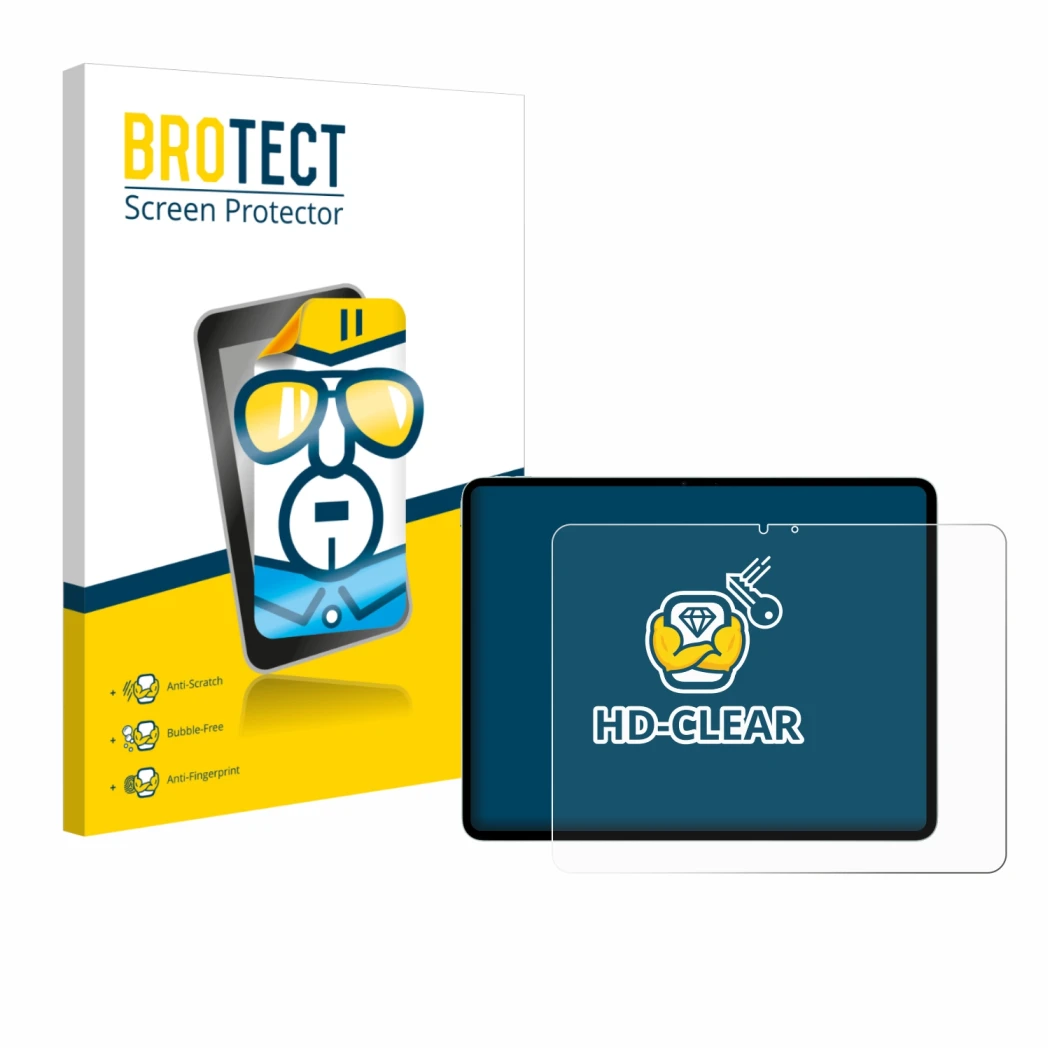 Parte frontale di una confezione del prodotto con il logo del marchio BROTECT. Accanto è raffigurato il dispositivo Apple iPad