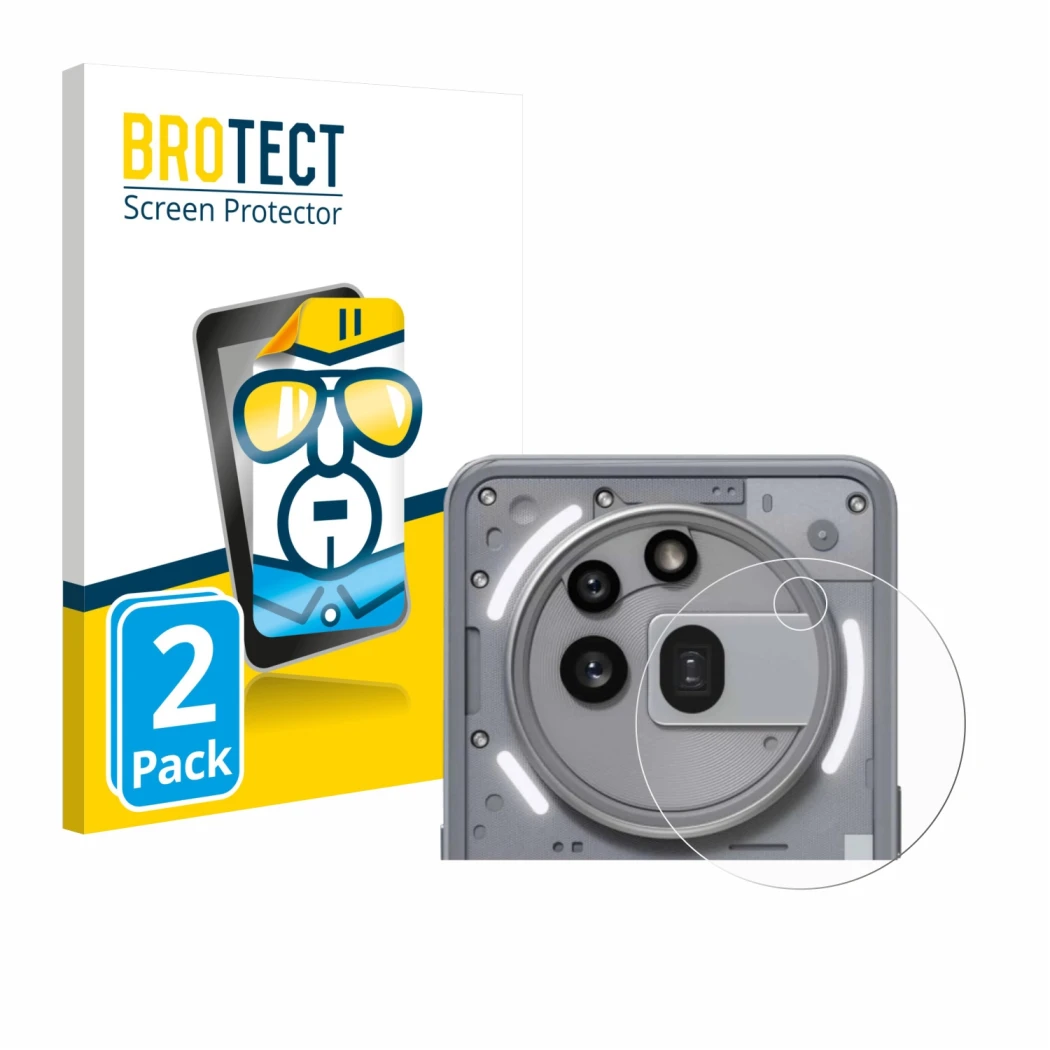 Parte frontale di una confezione del prodotto con il logo del marchio BROTECT. Accanto è raffigurato il dispositivo Nothing Ph