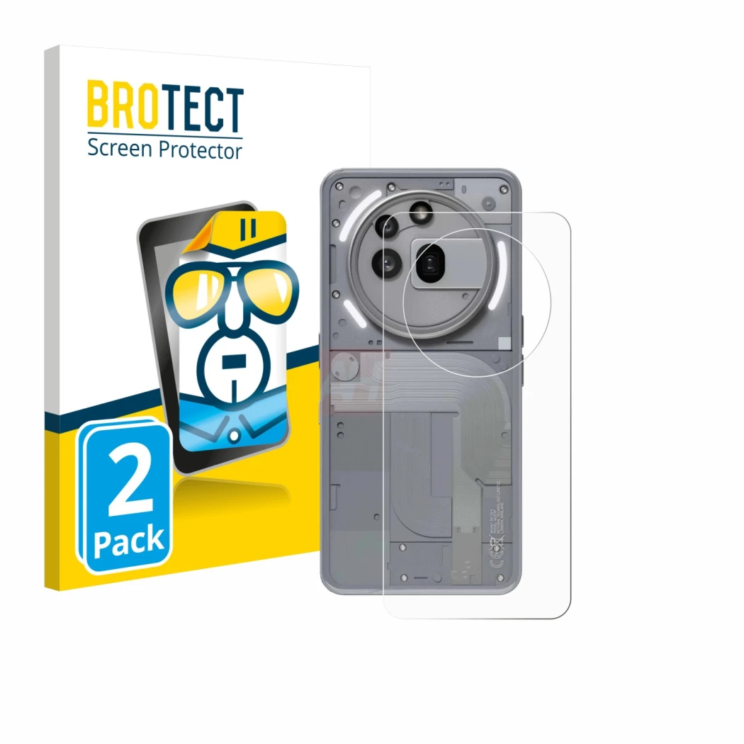 Parte frontale di una confezione del prodotto con il logo del marchio BROTECT. Accanto è raffigurato il dispositivo Nothing Ph