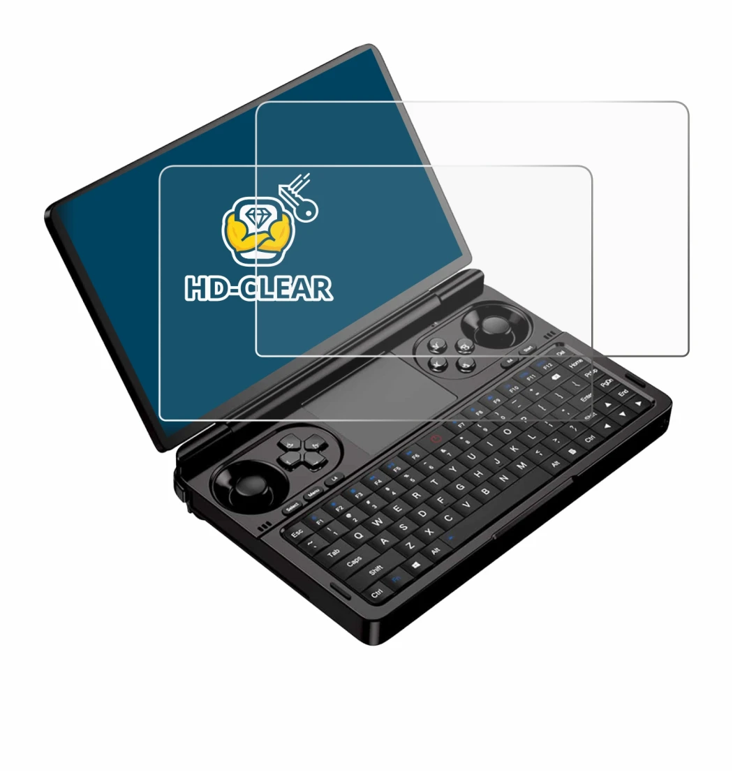 Immagine del dispositivo GPD Win Mini (2025) con un'ampia varietà di protezioni per lo schermo.