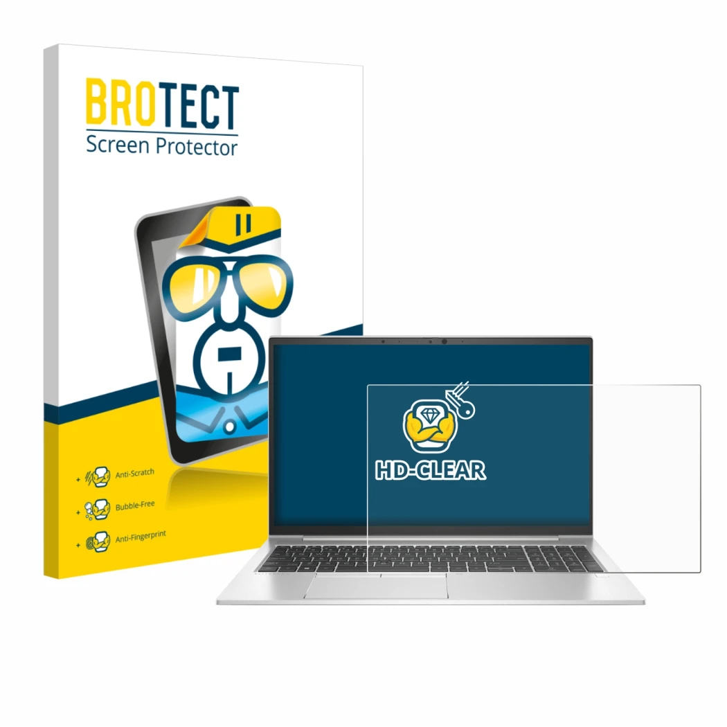 Parte frontale di una confezione del prodotto con il logo del marchio BROTECT. Accanto è raffigurato il dispositivo HP EliteBo