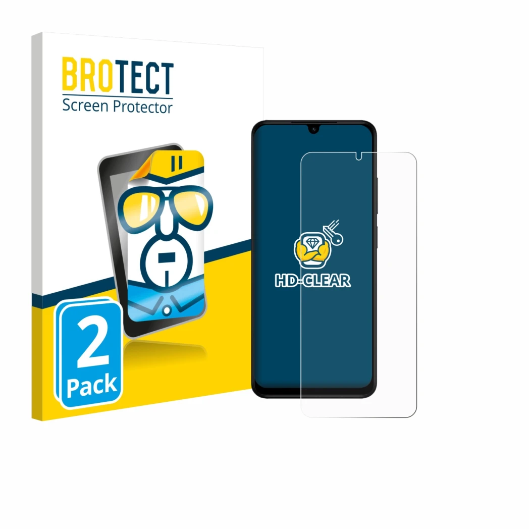 Parte frontale di una confezione del prodotto con il logo del marchio BROTECT. Accanto è raffigurato il dispositivo Xiaomi Red
