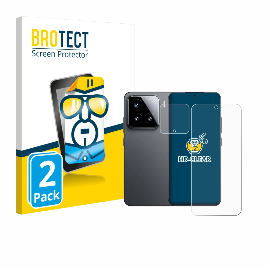 Parte frontale di una confezione del prodotto con il logo del marchio BROTECT. Accanto è raffigurato il dispositivo Xiaomi 15 