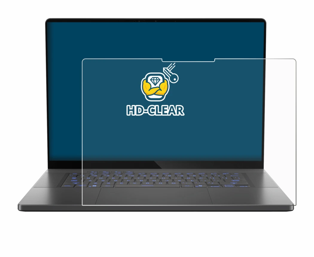 Immagine del dispositivo ASUS ROG Zephyrus G16 2025 con un'ampia varietà di protezioni per lo schermo.