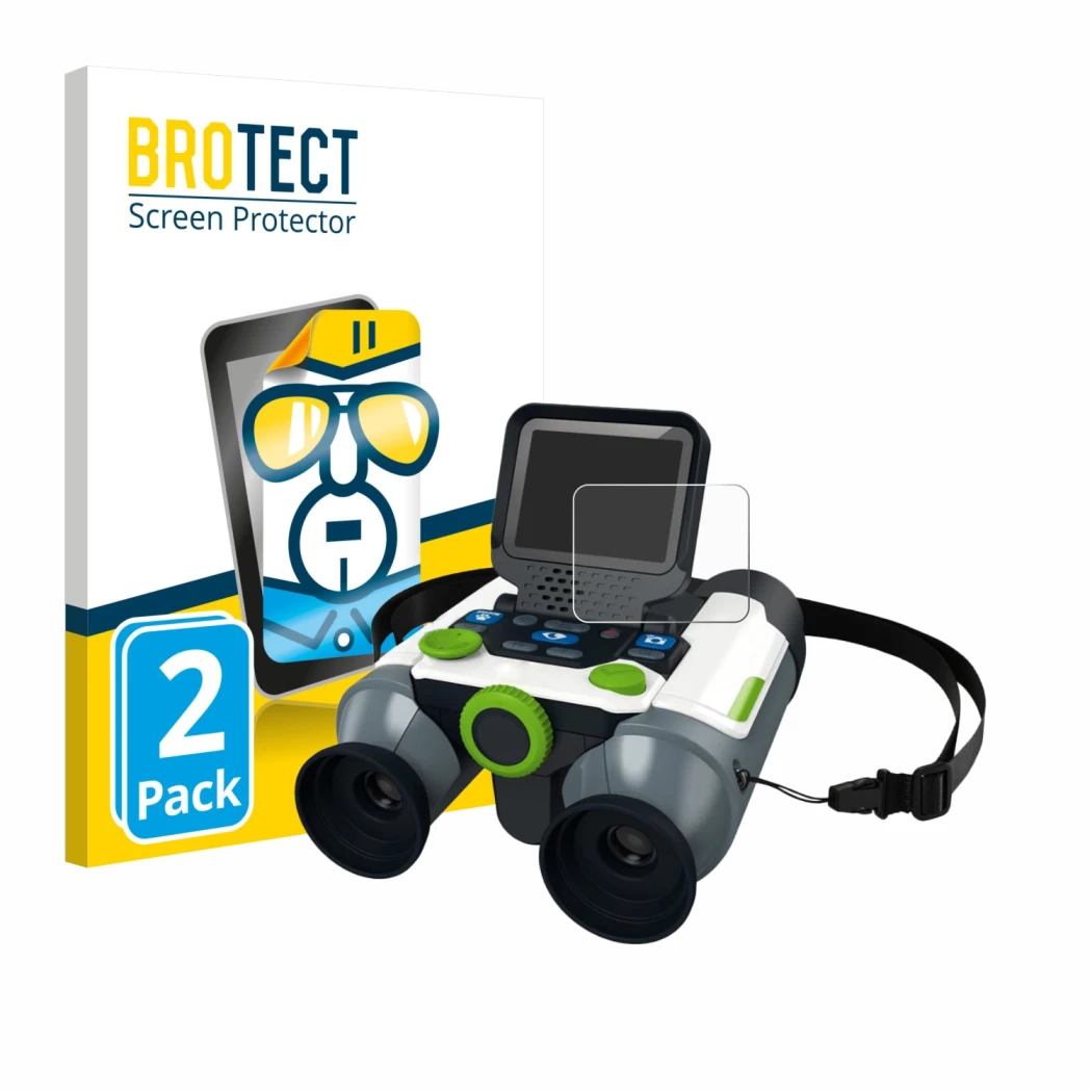 Parte frontale di una confezione del prodotto con il logo del marchio BROTECT. Accanto è raffigurato il dispositivo Vtech Bino