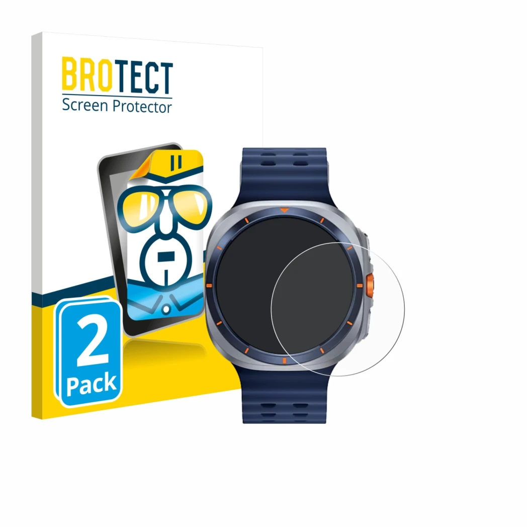 Parte frontale di una confezione del prodotto con il logo del marchio BROTECT. Accanto è raffigurato il dispositivo Samsung Ga