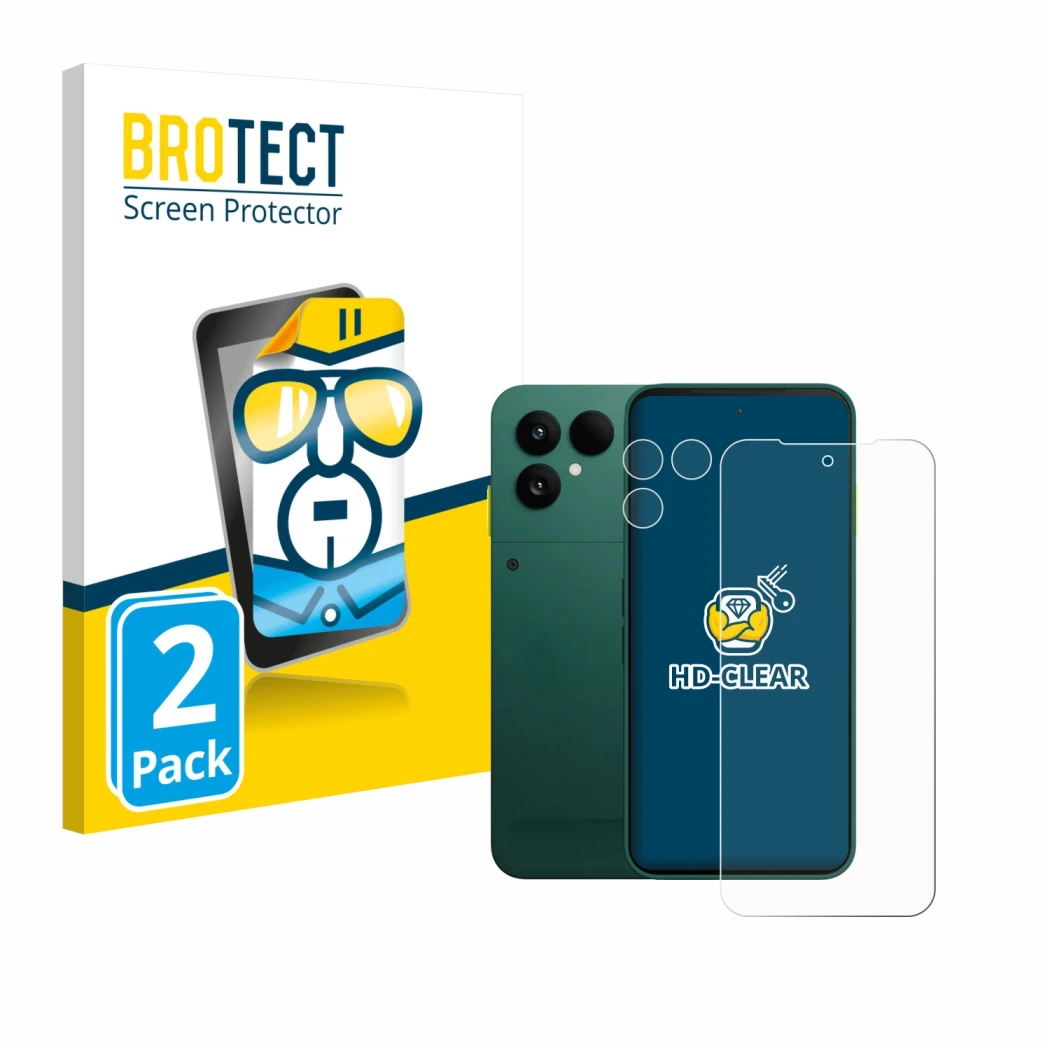 Parte frontale di una confezione del prodotto con il logo del marchio BROTECT. Accanto è raffigurato il dispositivo Fairphone 