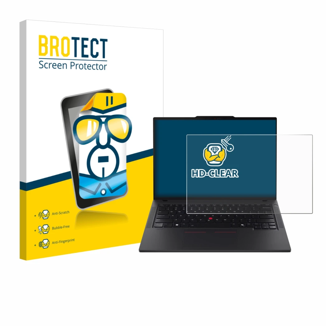 Parte frontale di una confezione del prodotto con il logo del marchio BROTECT. Accanto è raffigurato il dispositivo Lenovo Thi