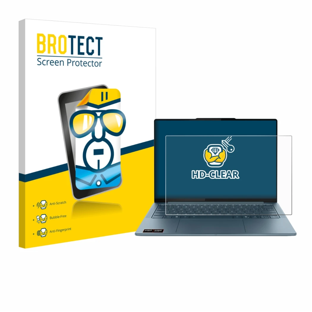 Parte frontale di una confezione del prodotto con il logo del marchio BROTECT. Accanto è raffigurato il dispositivo Lenovo Yog