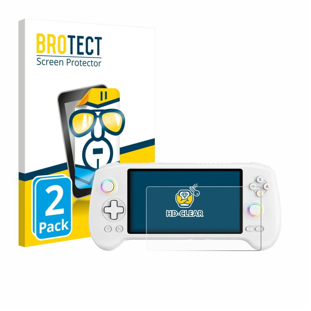 Parte frontale di una confezione del prodotto con il logo del marchio BROTECT. Accanto è raffigurato il dispositivo Anbernic R